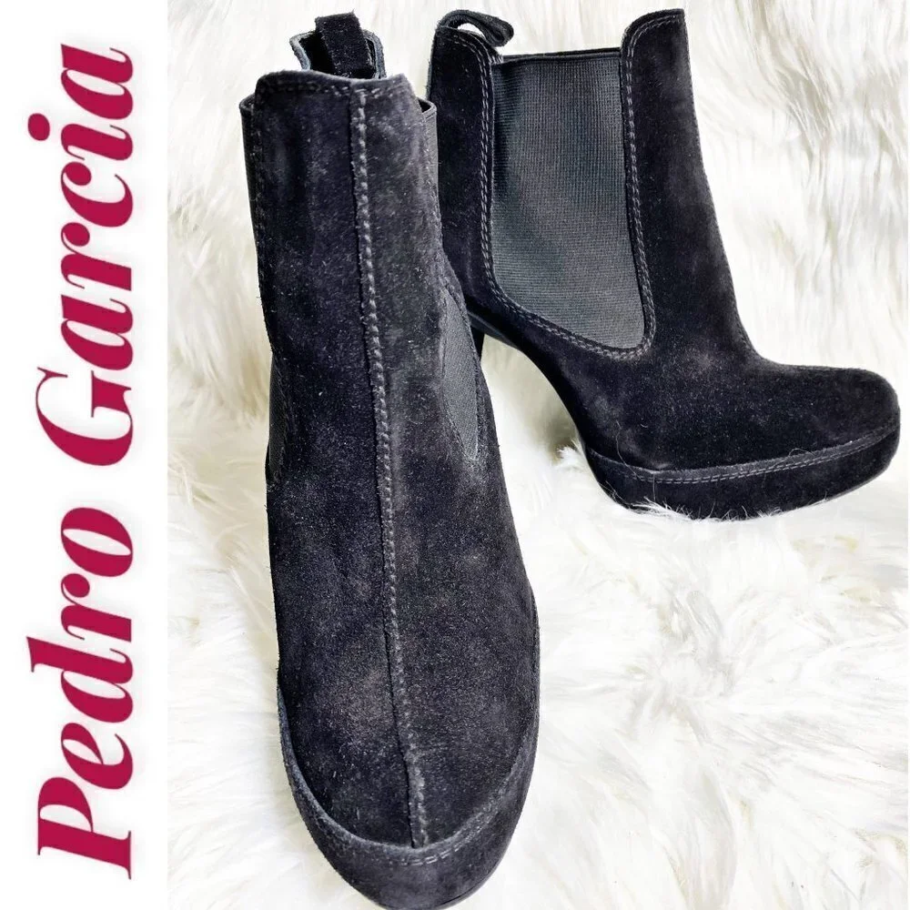 PEDRO GARCIA SUEDE LEATHER‎ PLATFORM CHELSEA BOOTIE STILETTO BLACK, Size 40